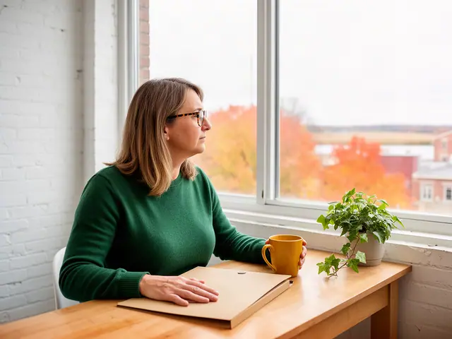 A woman with shoulder-length light-brown hair and tortoiseshell glasses at a desk with a folder and a mug in a small back office.