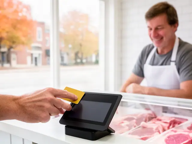 A customer taps a card on a counter terminal at a small butcher shop.